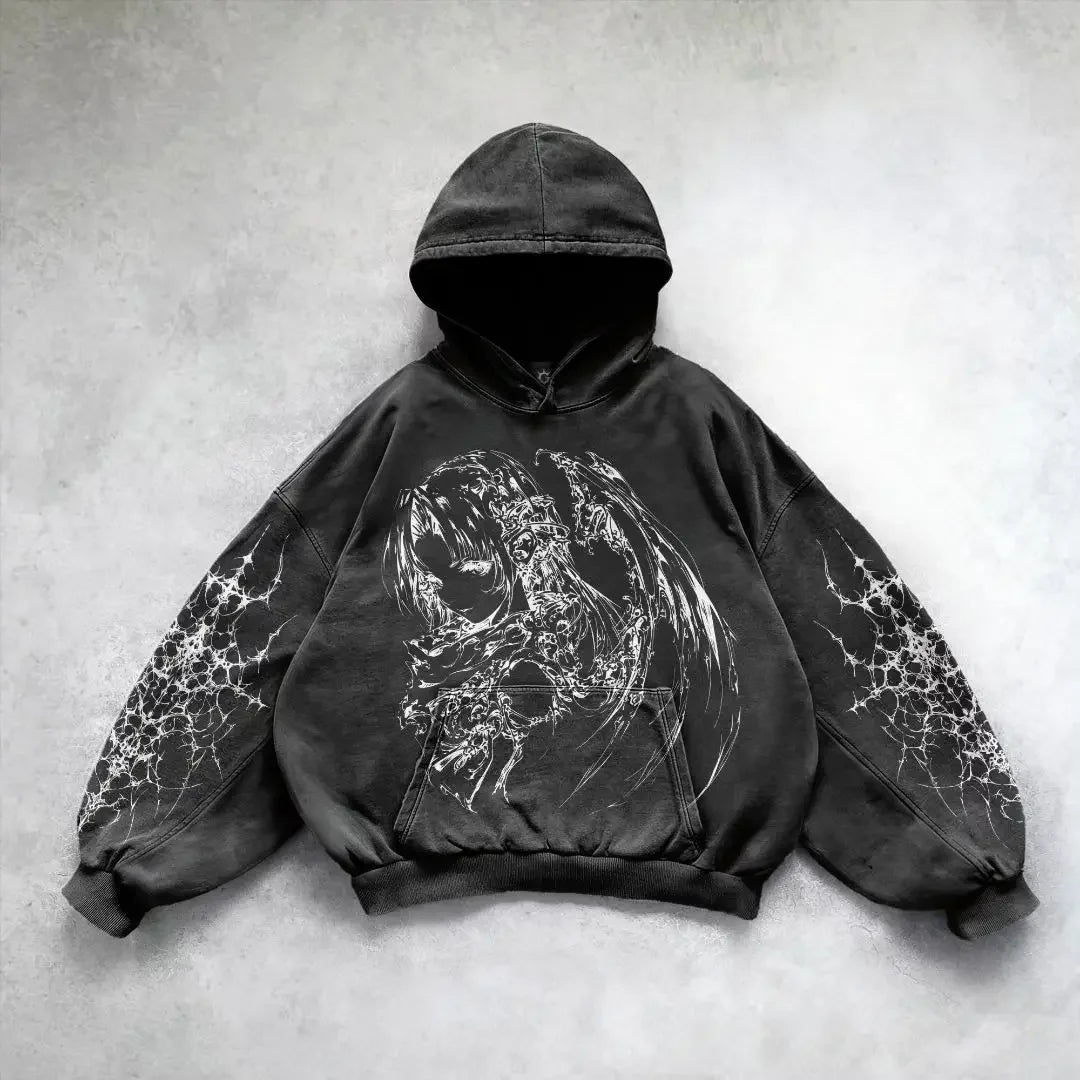 Harajuku y2k gothic white print design pattern black hoodie goth oversized hoodies women streetwear tops sweatshirt men clothing