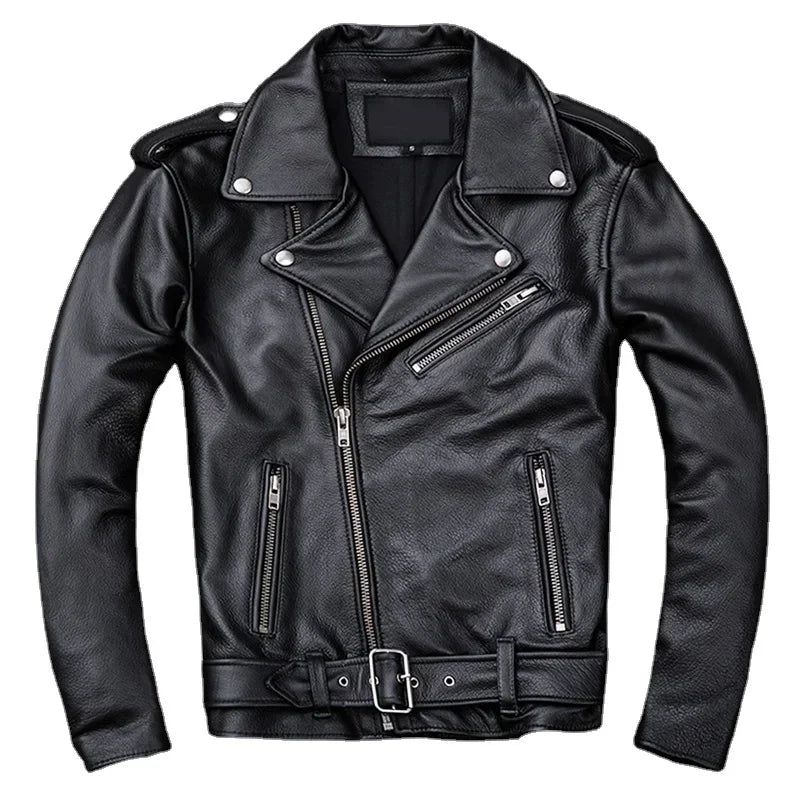 2024 New Spring Classical Motorcycle oblique zipper Jackets Men Leather Jacket Natural Calf Skin Thick Slim Cowhide Moto Jacket