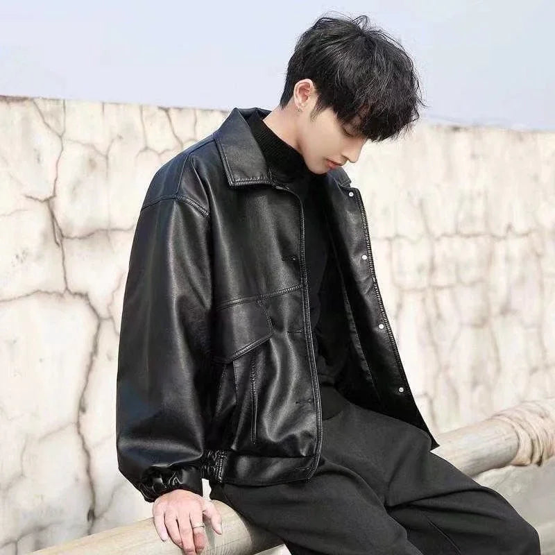 Korean Style Trendy Loose Leather Jacket Men's Short Spring and Autumn Motorcycle Suit Pilot Leather
