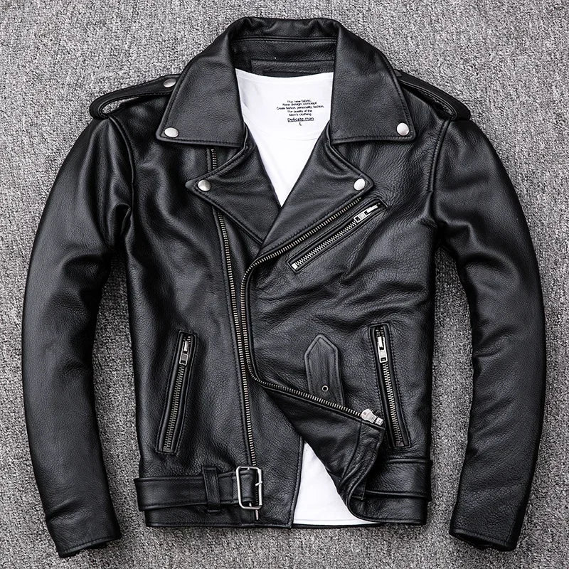 2024 New Spring Classical Motorcycle oblique zipper Jackets Men Leather Jacket Natural Calf Skin Thick Slim Cowhide Moto Jacket