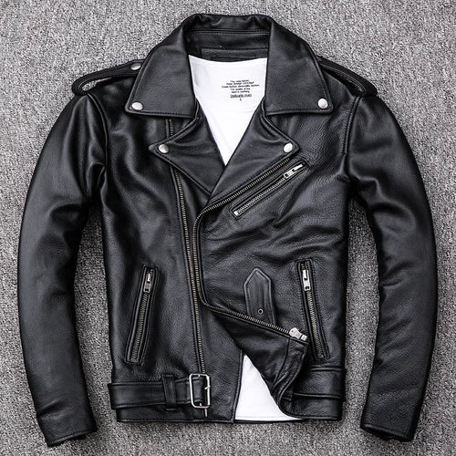 2024 New Spring Classical Motorcycle oblique zipper Jackets Men Leather Jacket Natural Calf Skin Thick Slim Cowhide Moto Jacket