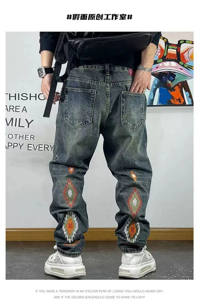 Fashion Brand Retro Washed Pure Cotton Jeans for Men Loose Small Right Angle Personalized Embroidery Versatile Casual Pants