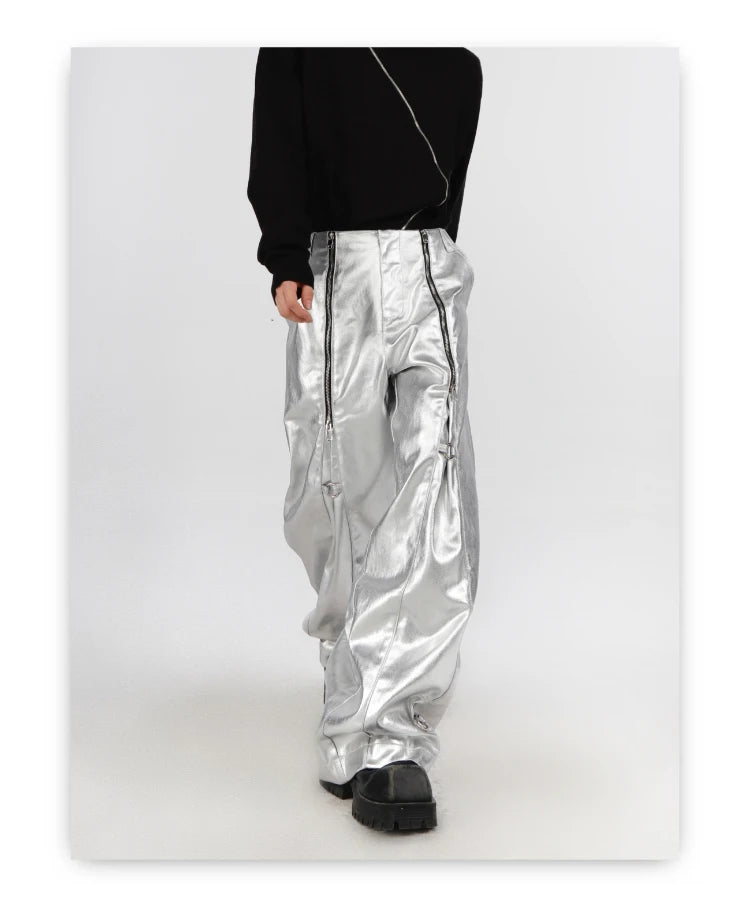 Mauroicardi Spring Autumn Cool Long Loose Casual Soft Black Silver Pu Leather Pants Men with Many Zippers Trousers Fashions 2023