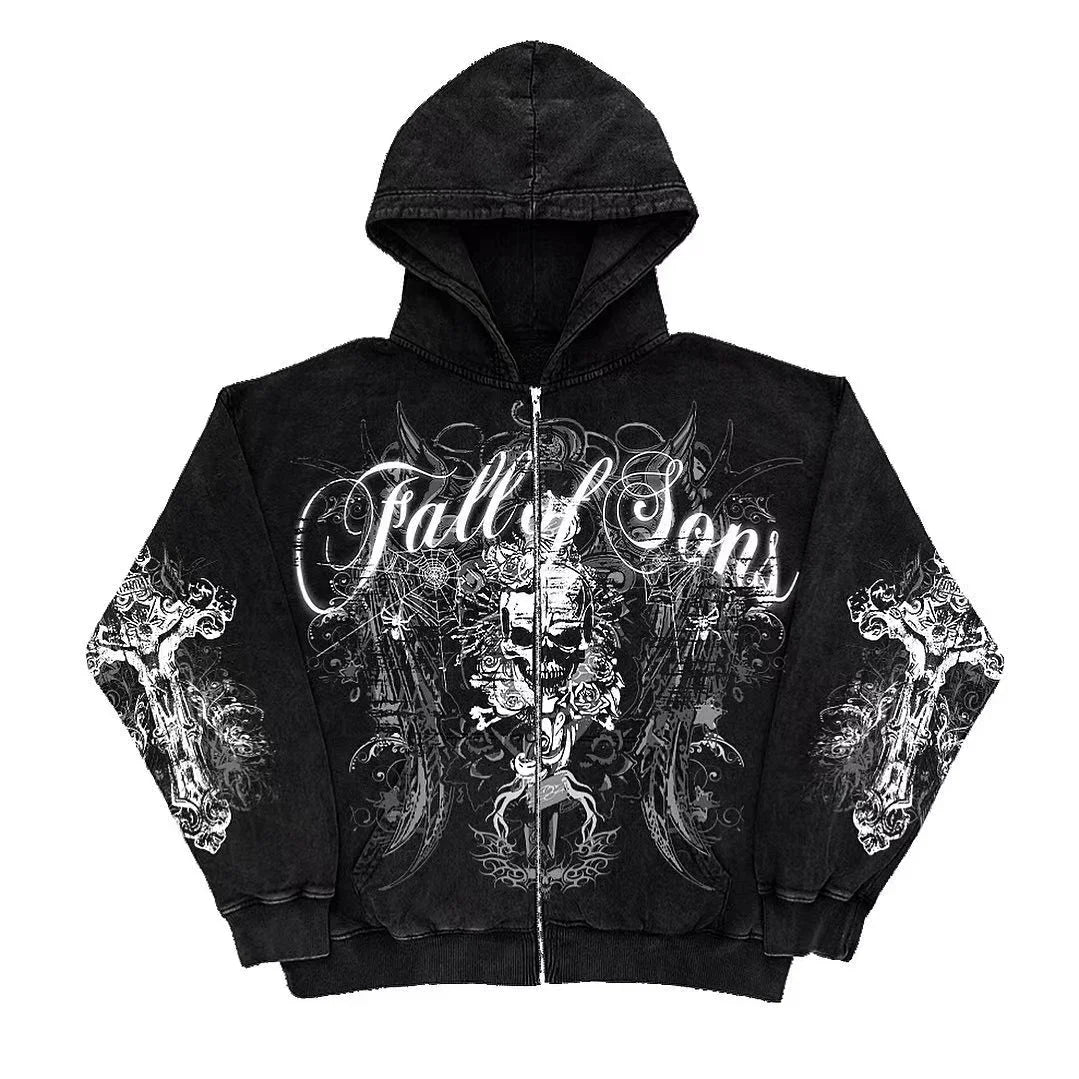 Ecko Dark Gothic Skull Eye Print Hoodie Men Women Streetwear Punk Oversize Black Sweatshirt Distressed Artistic Casual Pullover