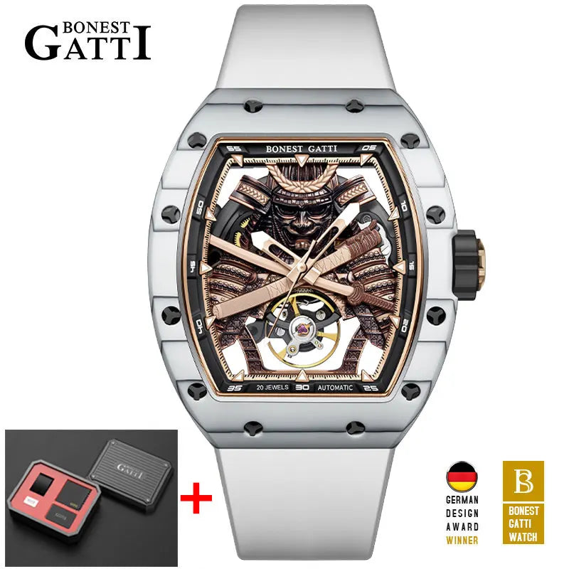 BONEST GATTI Carbon Fiber Case Men Automatic Movement Wristwatch Skeleton Warrior Sapphire Glass Mechanical Watches for Men 2025