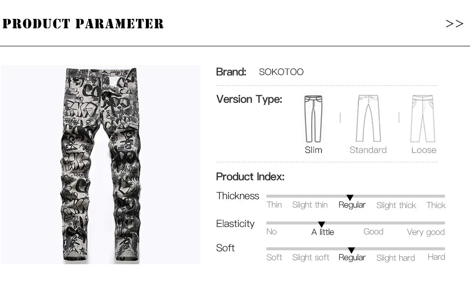 Men Graffiti Print Jeans Fashion Painted Stretch Cotton Denim Pants Slim Straight Trousers