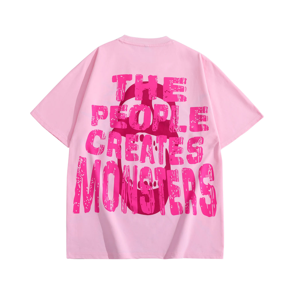 Mens Pink Short Sleeve T-Shirt Distorted Cartoon Character Graphic Bold Exaggerated Print Alternative Art Streetwear Top