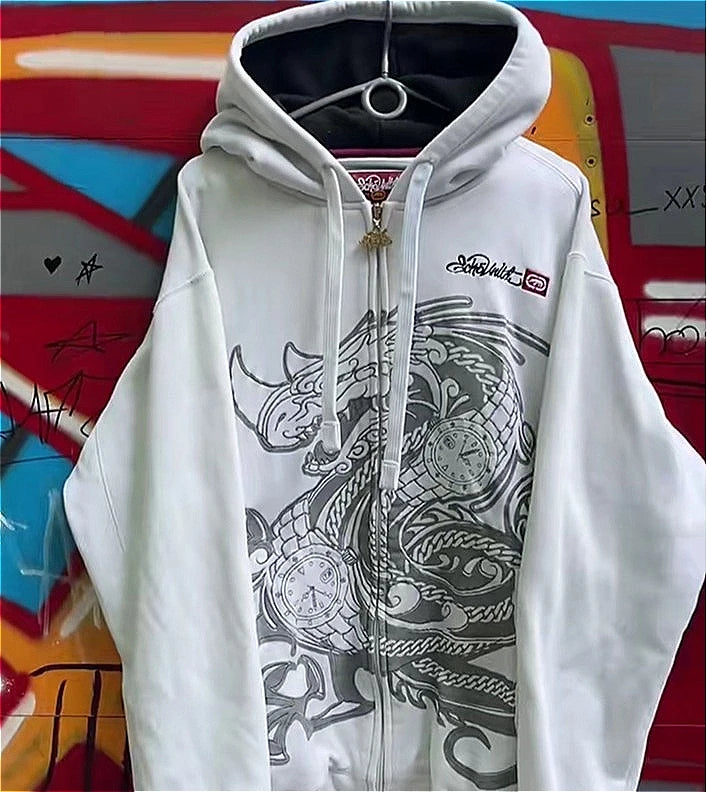 Ecko Dark Gothic Skull Eye Print Hoodie Men Women Streetwear Punk Oversize Black Sweatshirt Distressed Artistic Casual Pullover