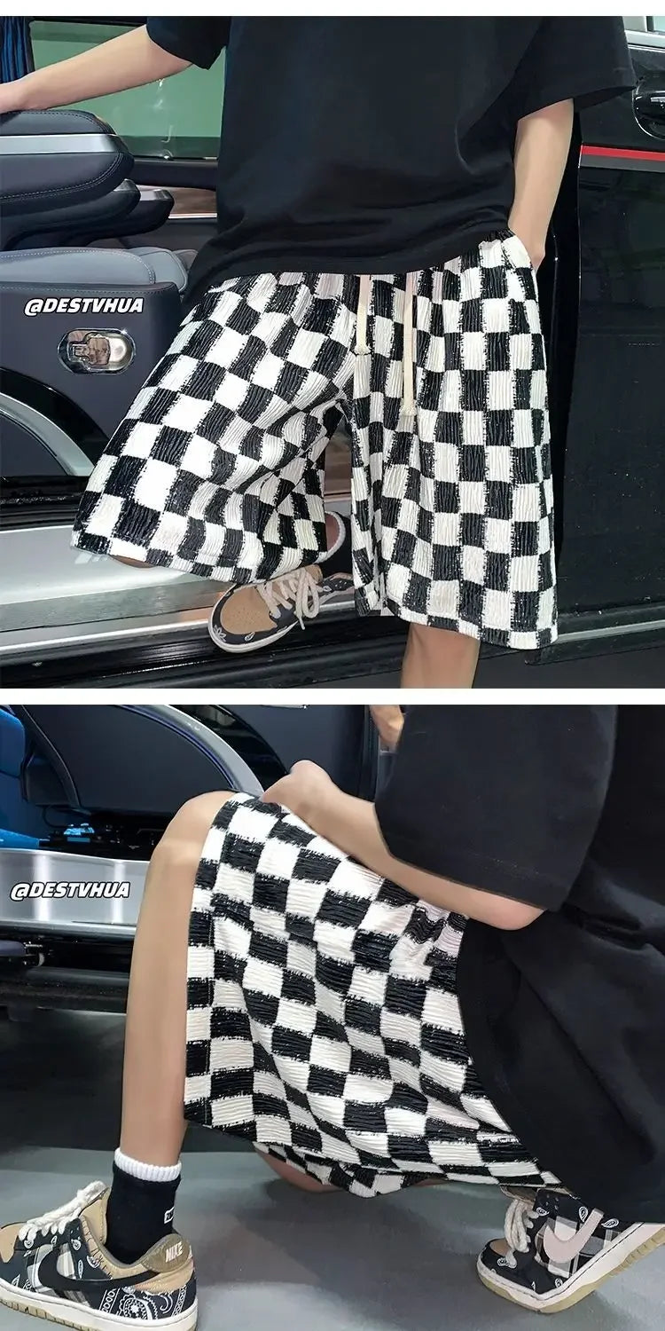 Men's New Style Breathable Straight Loose Casual Five-point Chessboard Ice Silk Shorts