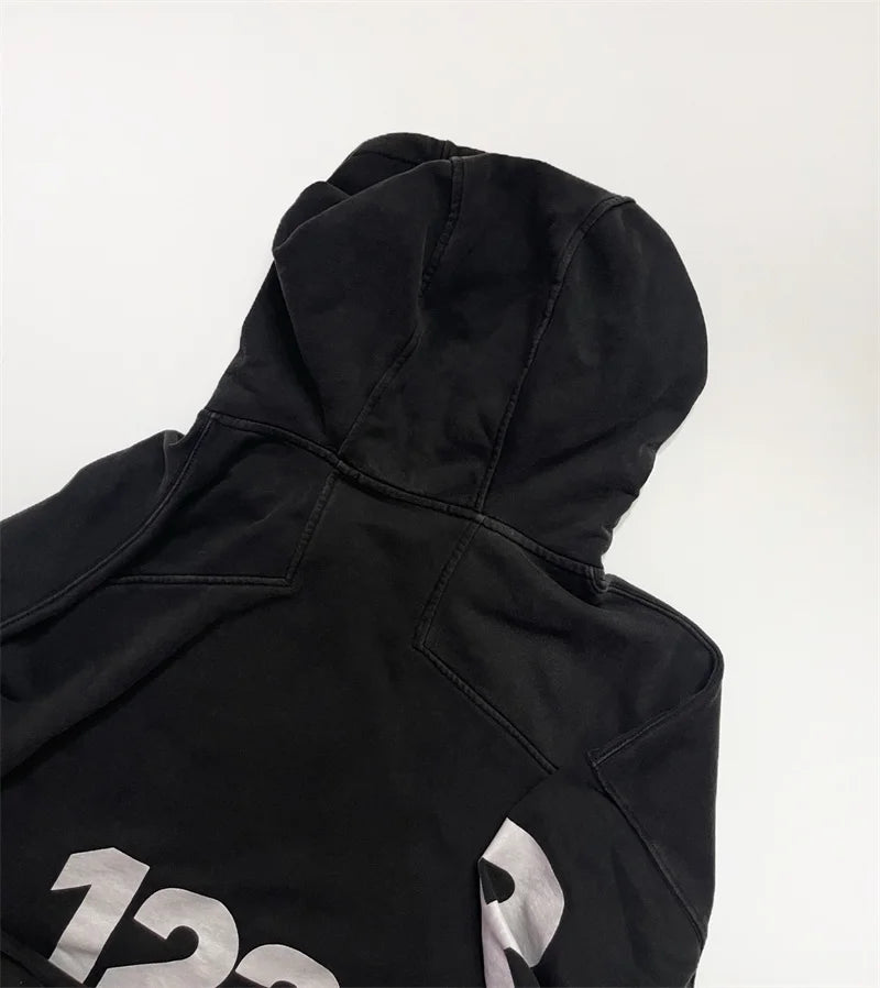 Heavyweight Fabric RRR123 Digital Embroidery Hooded Sweatshirt Washed Black Oversized Men Women Premium Quality Hoodie