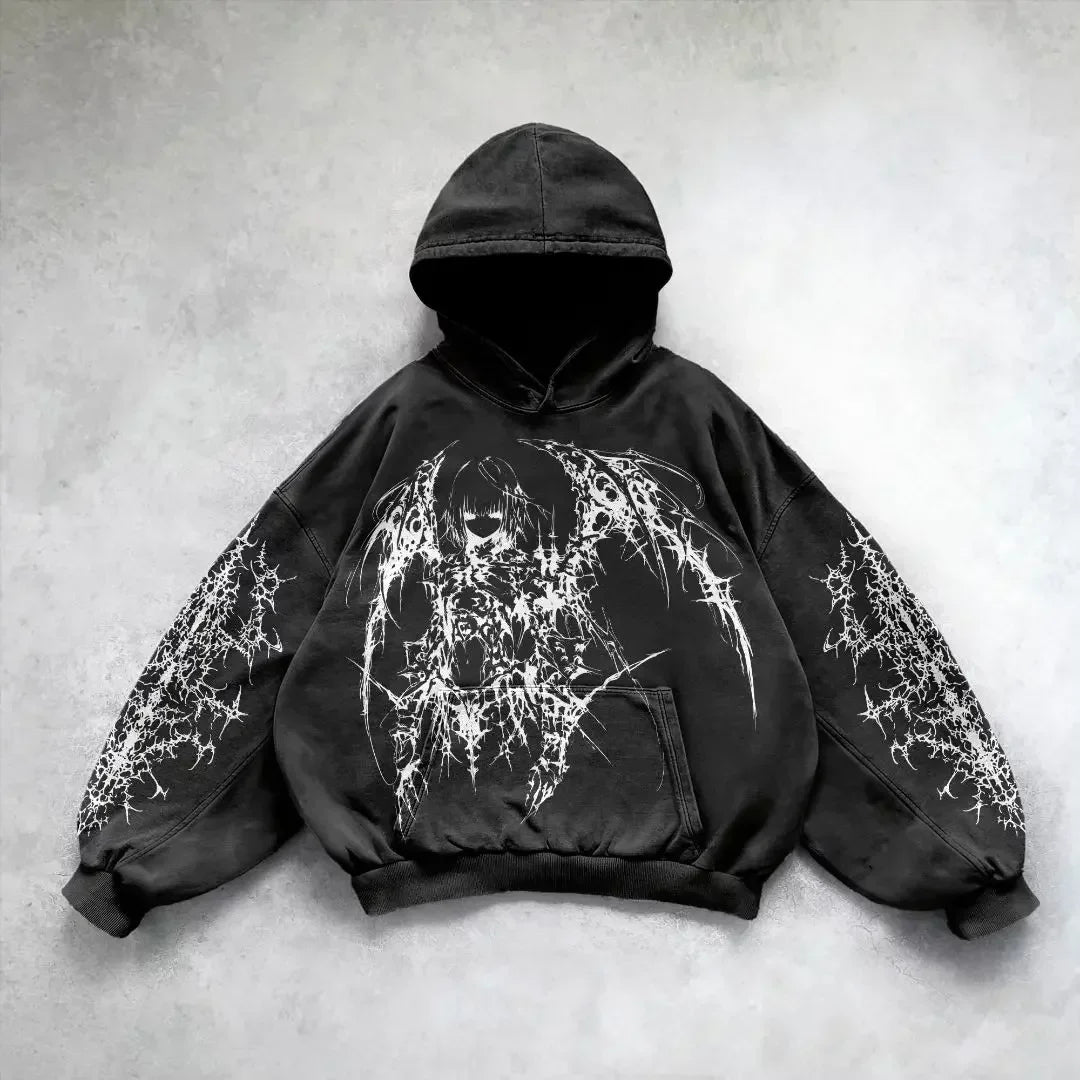 Harajuku y2k gothic white print design pattern black hoodie goth oversized hoodies women streetwear tops sweatshirt men clothing