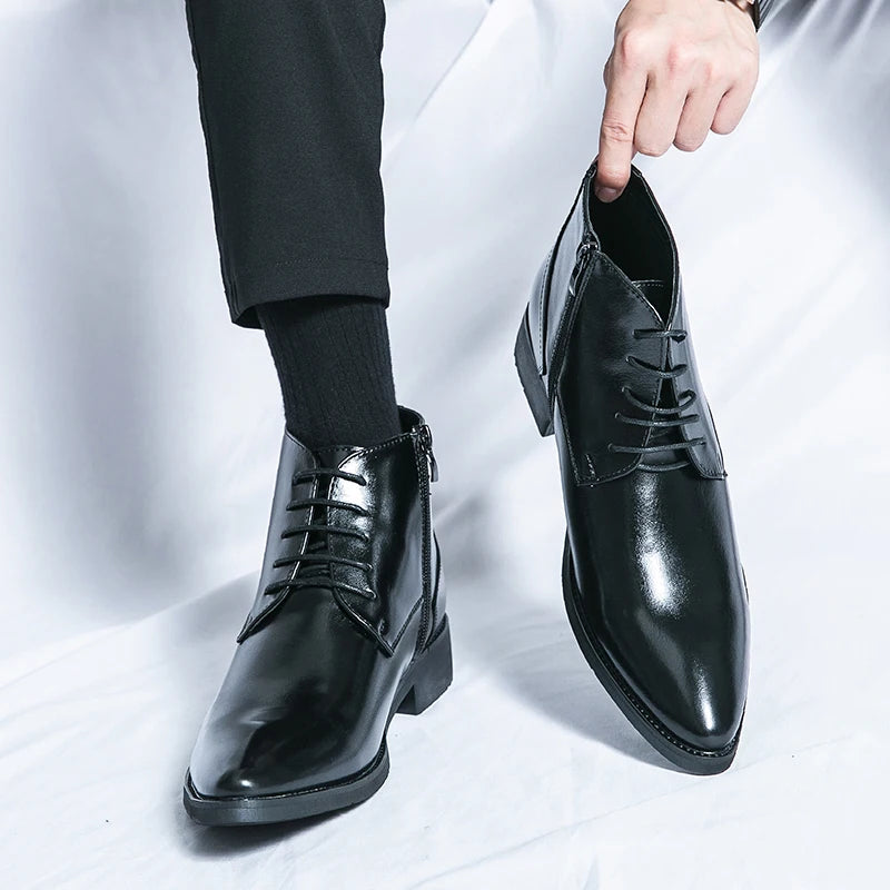 Leather Boots Men Zip Lace-up High Top British Versatile Men Fashion Business Dress Social Boots Mens Platform Casual Men Boots