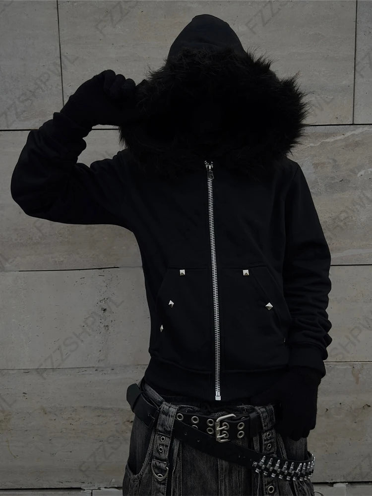 Gothic punk grunge Y2K unisex hoodie 2025 new autumn winter chic cardigan sweatshirt American retro hip-hop aesthetic streetwear