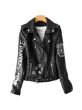 Ailegogo Spring Women Graffiti Print Pu Faux Leather Short Jacket Streetwear Female Retro Slim Zipper Moto Biker Coat Outwear
