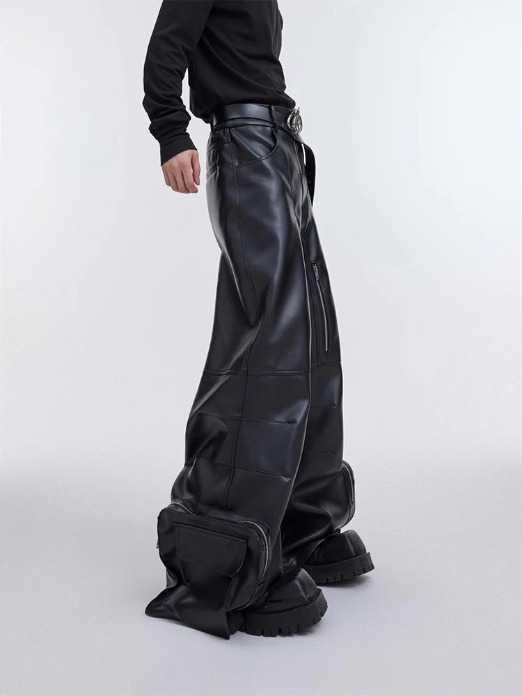 Mauroicardi Autumn Long Black Baggy Pu Leather Wide Leg Cargo Pants for Men Three-dimensional Pockets Luxury Designer Clothes