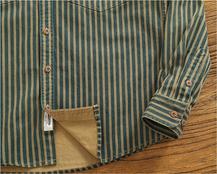 Retro Waed Distred Blue Vertical Stripe Trendy Denim irt Men's Loose American Long Sve Workwear irt Coat