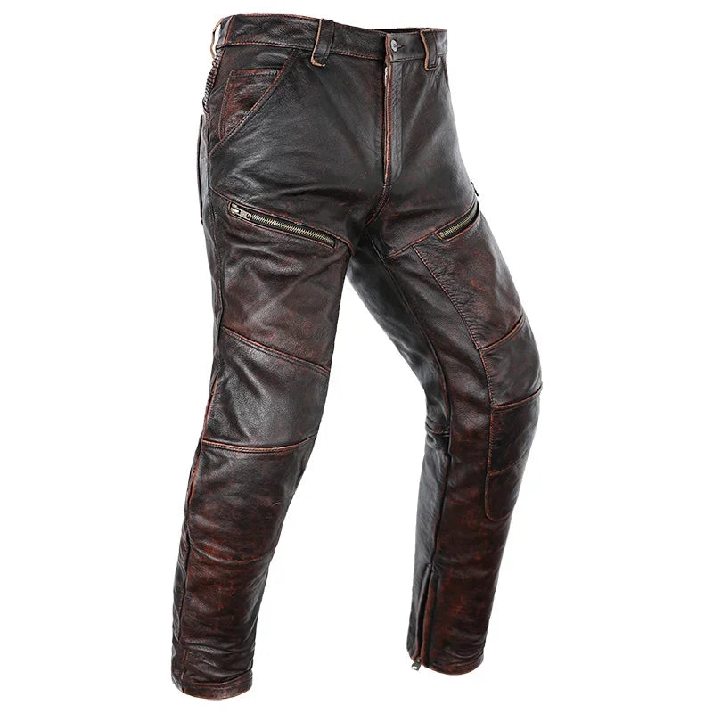 New Motorcycle Genuine Leather Pant Men's Thick Cowhide Vintage Brown Trousers For Men High Quality Moto Biker Slim Pants