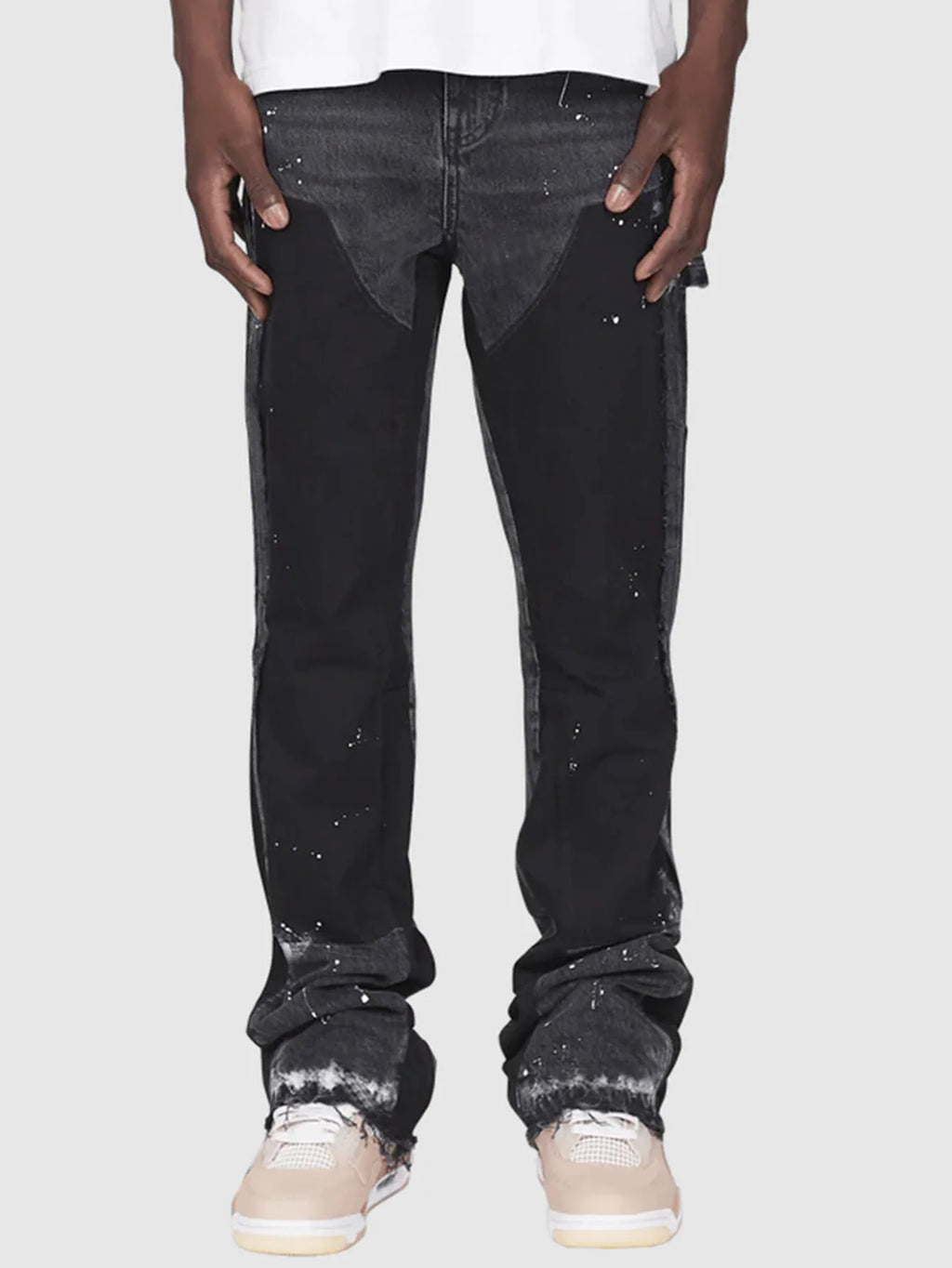 Men's Denim Work Pants workwear, Elastic Patch Denim Layered Flared Pants, Spring New Style