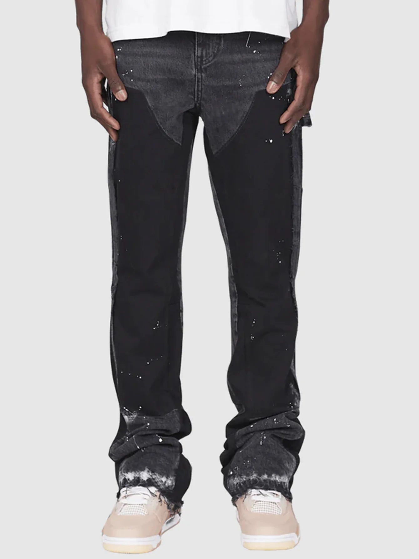 Men's Denim Work Pants workwear, Elastic Patch Denim Layered Flared Pants, Spring New Style