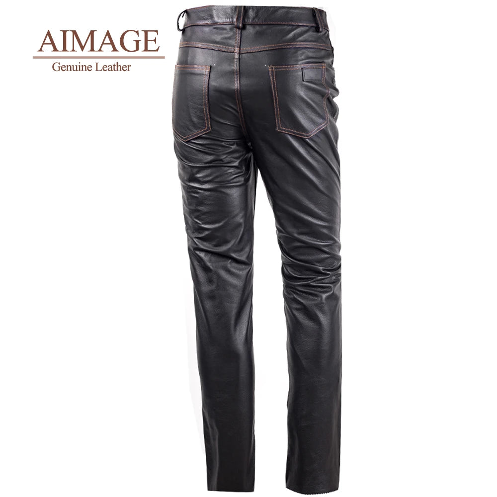Genuine Real cow leather pant Men's motorcycle leather trousers кожаные штаны leather pants for men pantalon cuir homme