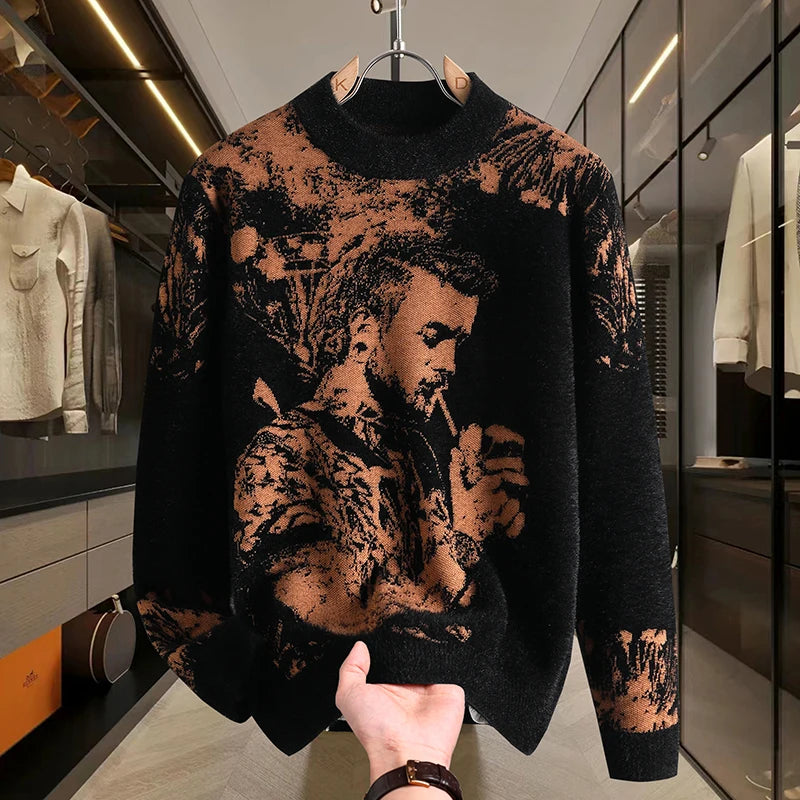 Retro Men's Printed Slim Knit Sweater for Men's Base, 2025 Brand Premium Tops, High-quality Men's Plus Size Warm Sweater