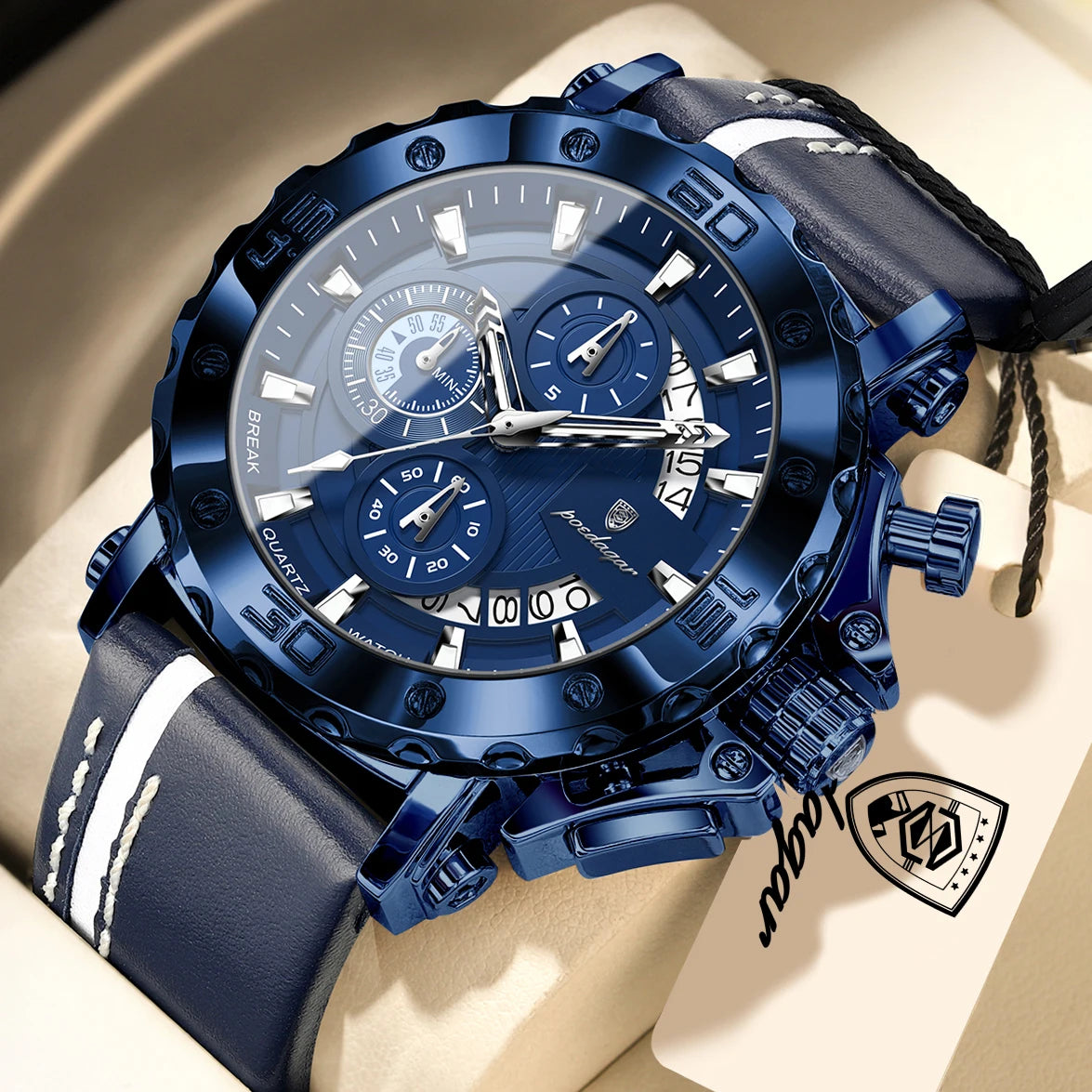 POEDAGAR Sports Watches For Man Waterproof Luminous Date Male Clock Chronograph Leather Quartz Functional Men's Wristwatch Reloj