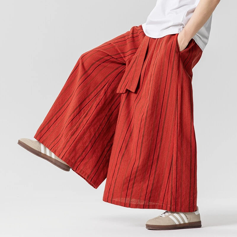 Striped Pants Men's Cotton Linen Comfortable Breathable Wide Leg Trousers Kimono Japanese Samurai Casual Loose Fashion Pants Men