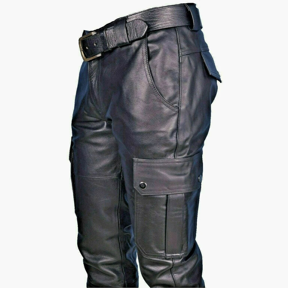 Fashion Faux Leather Pants Men Casual Streetwear Biker PU Pants Motorcycle Multi-Pocket Trousers Spring Autumn Waterproof Pants