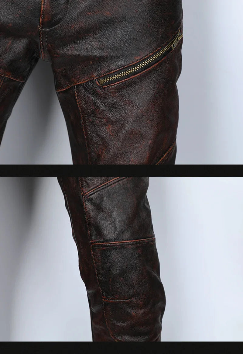 New Motorcycle Genuine Leather Pant Men's Thick Cowhide Vintage Brown Trousers For Men High Quality Moto Biker Slim Pants