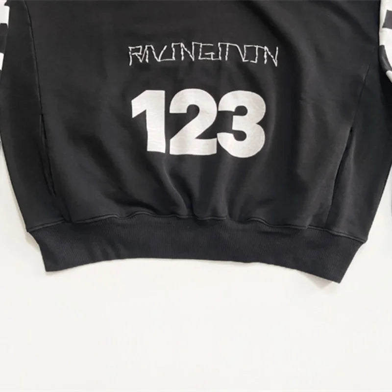 Heavyweight Fabric RRR123 Digital Embroidery Hooded Sweatshirt Washed Black Oversized Men Women Premium Quality Hoodie