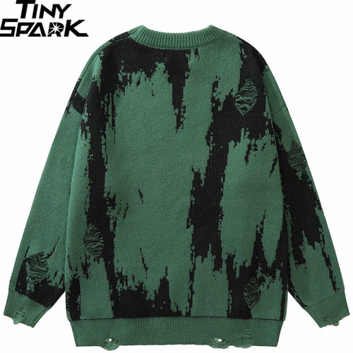 2025 Men Streetwear Ripped Sweater Distressed Vintage Letter Graphic Hip Hop Knitted Sweater Retro Pullover Sweater Hipster