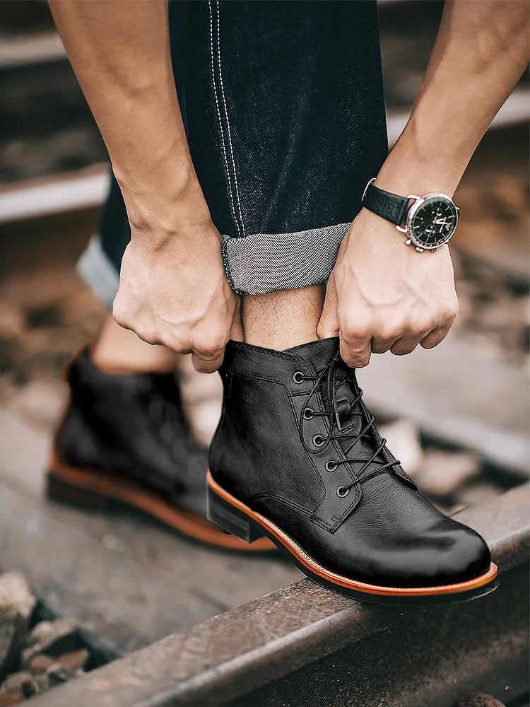 Handmade Leather Men Boots Retro Round Toe Ankle Boots for Men  Luxury Punk Street Style Mens Motorcycle Boots botas para hombre