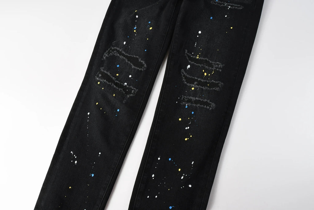 New Fashion Jeans Men High Street Black Splashing ink graffiti Distressed Hole Stretch Skinny Button Fly Ripped Jeans Brand