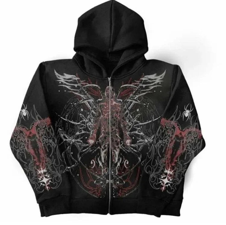 Ecko Dark Gothic Skull Eye Print Hoodie Men Women Streetwear Punk Oversize Black Sweatshirt Distressed Artistic Casual Pullover