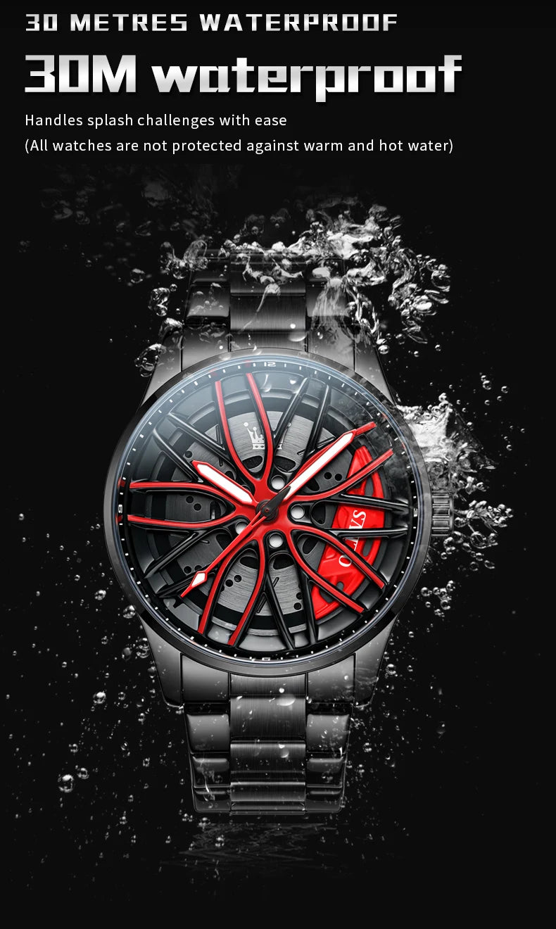 OLEVS 9937 Quartz Watch for Men Fashion 3D Hollow Wheel Rotary Dial Black Stainless Steel Waterproof Luminous Sports Wristwatch