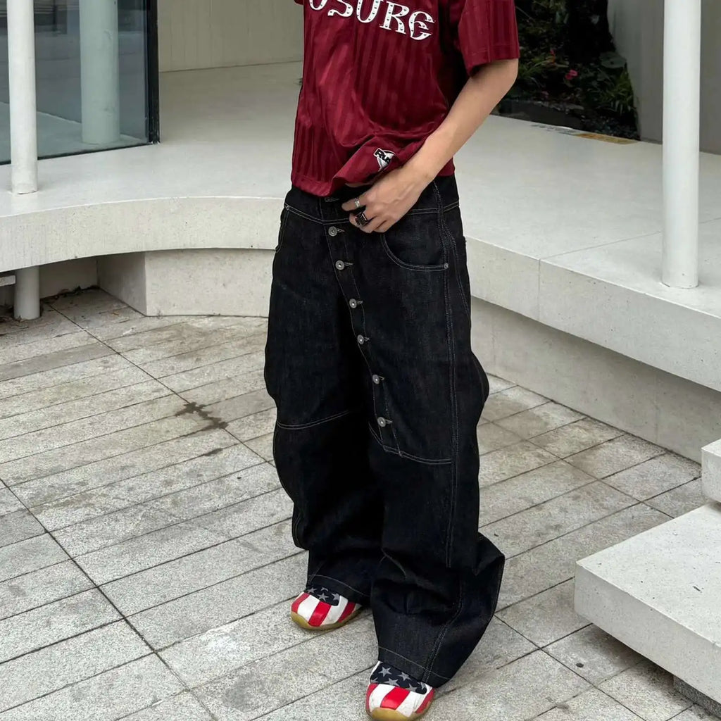 PFNW American High Street Curved Long Button Scimitar Men's Jeans Summer Loose Wide-Leg Pants Trendy Male Trousers 28W8103