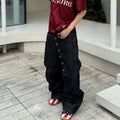 PFNW American High Street Curved Long Button Scimitar Men's Jeans Summer Loose Wide-Leg Pants Trendy Male Trousers 28W8103