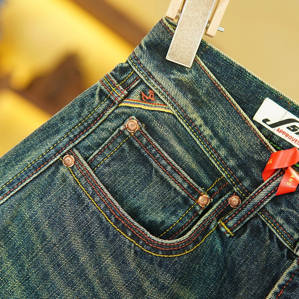 14.5oz Emerald Green Red Selvedge Denim Jeans for Men Autumn American Vintage 100% Cotton Casual Relaxed Straight Leg Pants 5KM