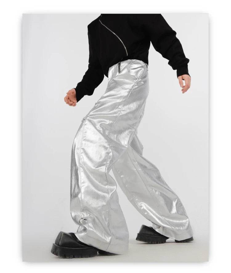 Mauroicardi Spring Autumn Cool Long Loose Casual Soft Black Silver Pu Leather Pants Men with Many Zippers Trousers Fashions 2023