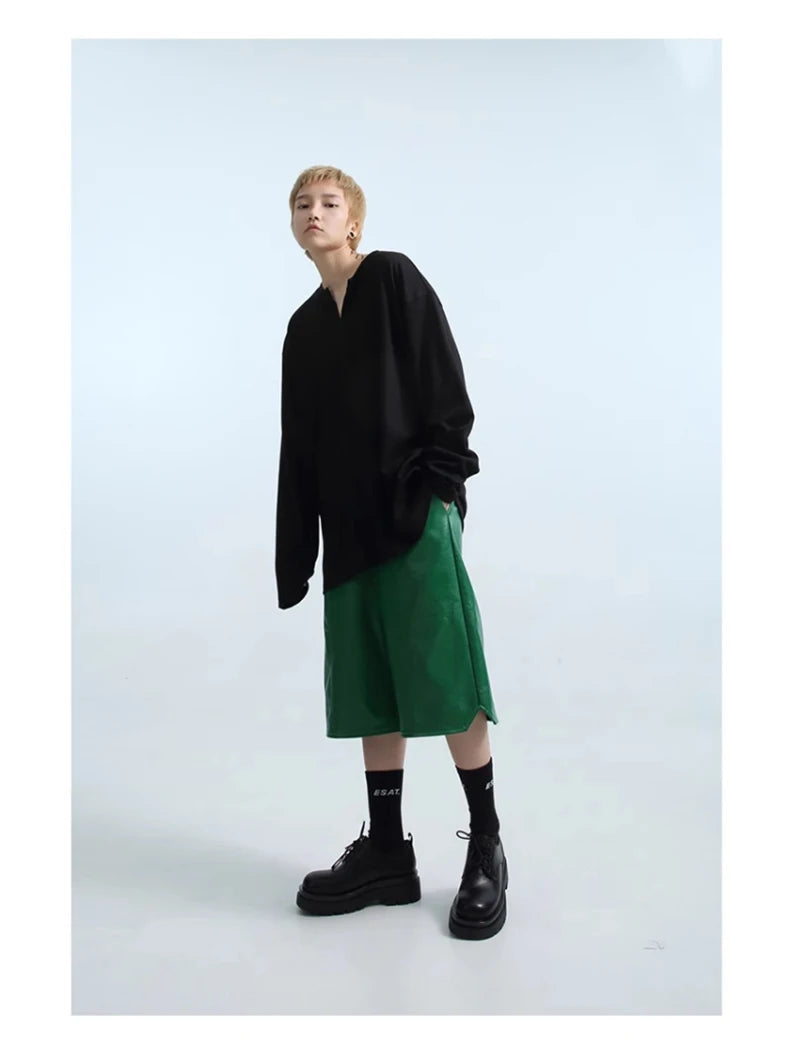 Mauroicardi Spring Summer Loose Casual Soft Black Pu Leather Shorts for Men Mens Elastic Waist Short Straight Pants Clothes 2023