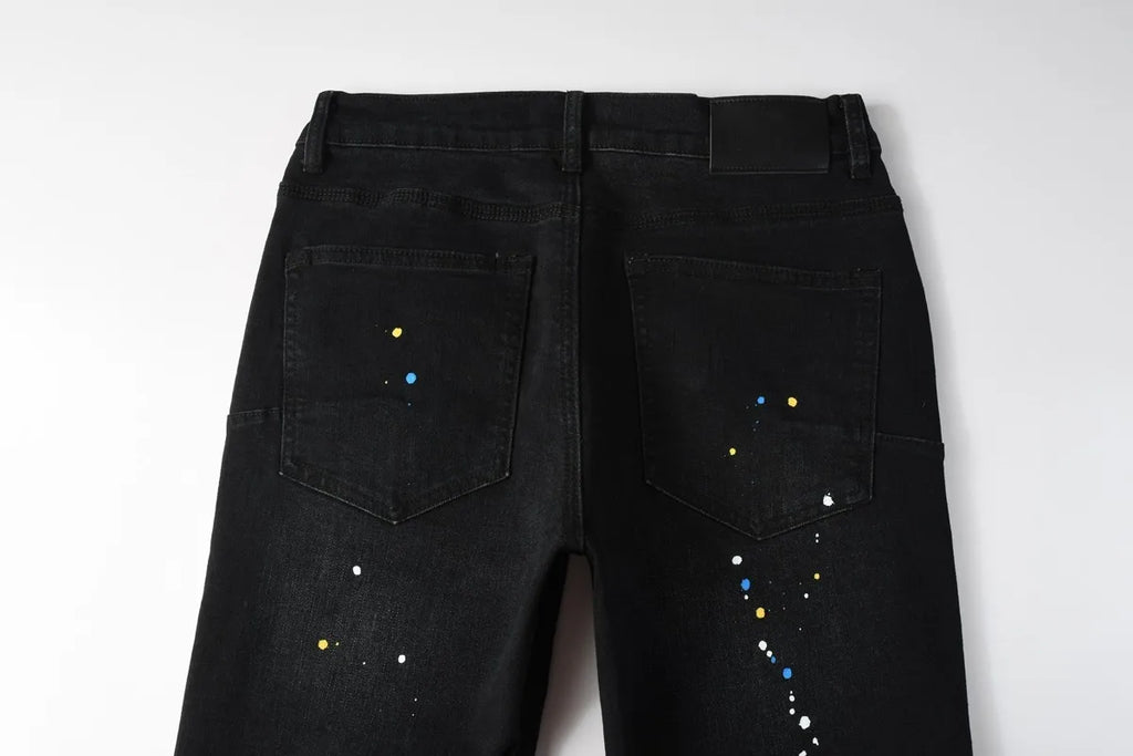 New Fashion Jeans Men High Street Black Splashing ink graffiti Distressed Hole Stretch Skinny Button Fly Ripped Jeans Brand