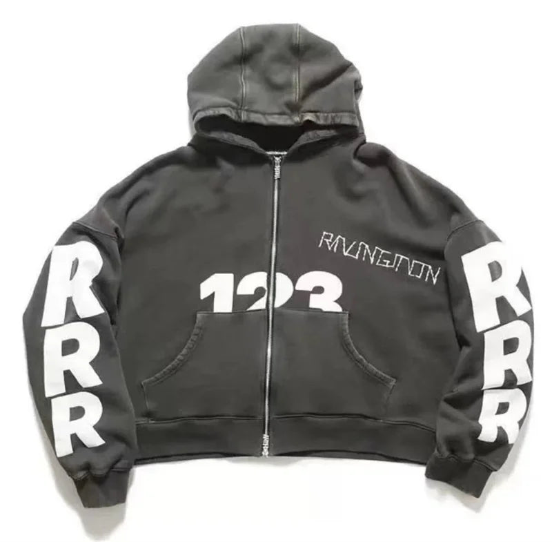 Heavyweight Fabric RRR123 Digital Embroidery Hooded Sweatshirt Washed Black Oversized Men Women Premium Quality Hoodie