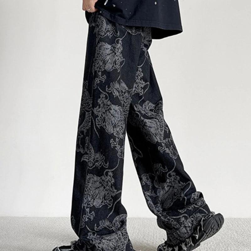 Chinese Style National Trend Design Dragon Pattern Jeans Men Women Korean Version New Retro Straight Loose Casual Pants Male
