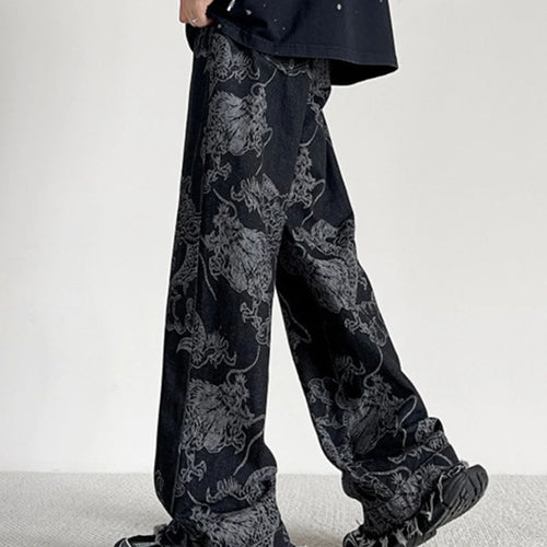 Chinese Style National Trend Design Dragon Pattern Jeans Men Women Korean Version New Retro Straight Loose Casual Pants Male