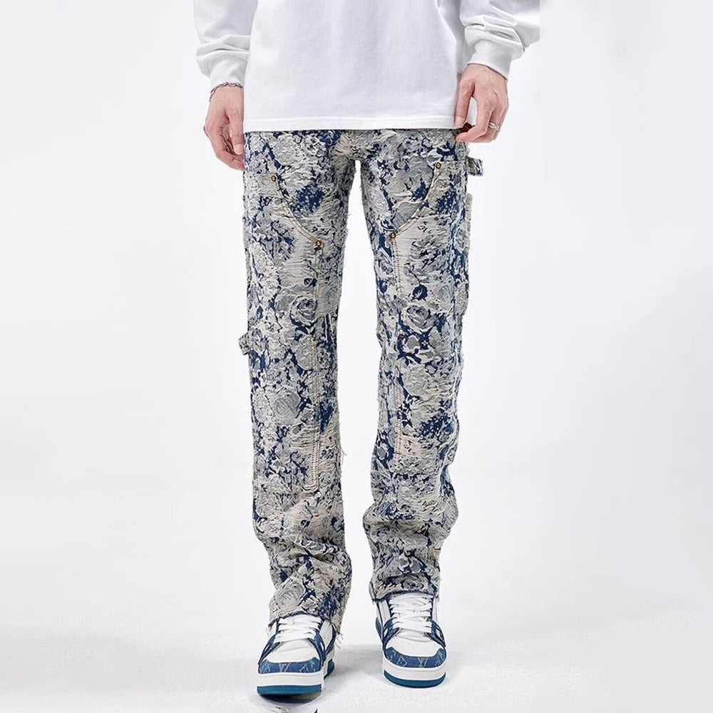 Men Jeans Jacquard Washed Cargo Casual Straight Pants Streetwear Fashion Hip Hop Retro Trend Trousers Male Men'S Clothing 2024