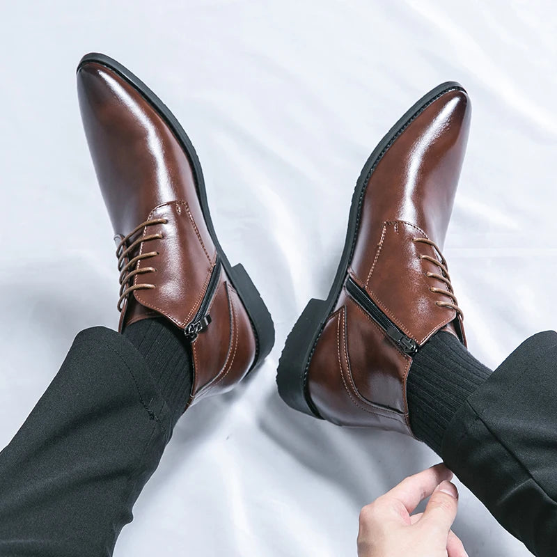 Leather Boots Men Zip Lace-up High Top British Versatile Men Fashion Business Dress Social Boots Mens Platform Casual Men Boots