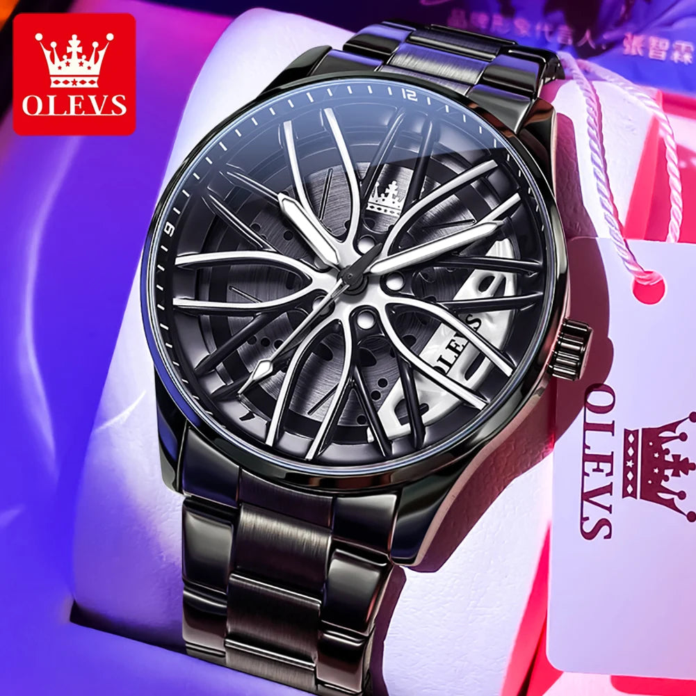 OLEVS 9937 Quartz Watch for Men Fashion 3D Hollow Wheel Rotary Dial Black Stainless Steel Waterproof Luminous Sports Wristwatch