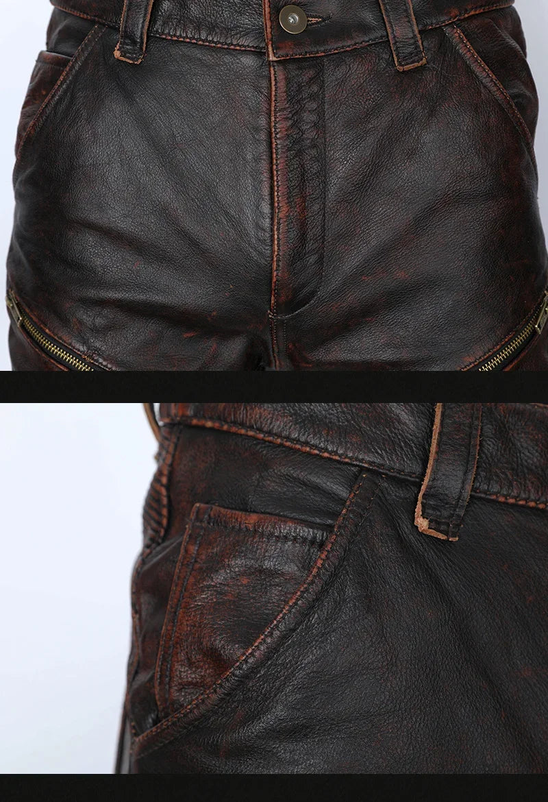 New Motorcycle Genuine Leather Pant Men's Thick Cowhide Vintage Brown Trousers For Men High Quality Moto Biker Slim Pants