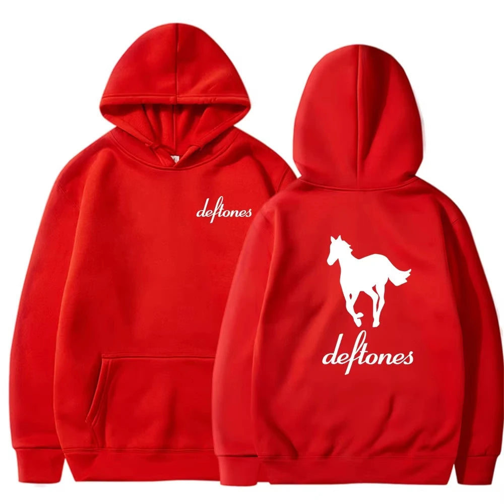 European and American fashion trend, long sleeved hooded top, men's loose hoodie Deftones white horse print