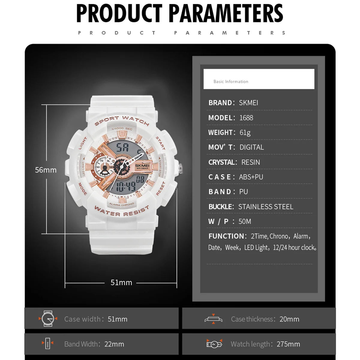 SKMEI 1688 LED Light Digital Electronic Watches Men Women Business Quartz Watch Waterproof Alarm Clock Wristwatch Horloges